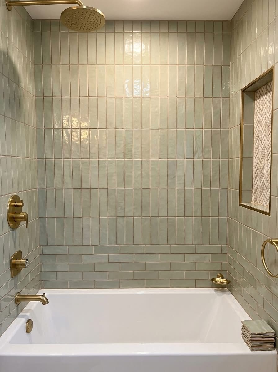 After: sage green tub-to-shower conversion with brushed gold rain-head and herringbone niche — Summerville SC